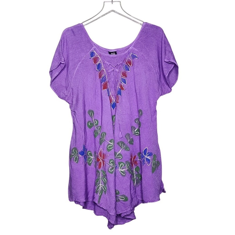 Seven Islands NY Purple Floral Embroidered V-Neck Top Flowy Boho Cottage Peasant